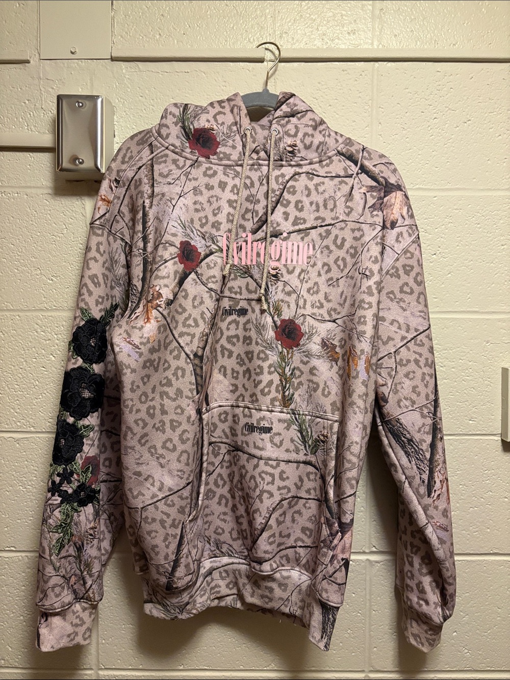 Civil Regime Embroidered Heavyweight Pink Floral Leopard Print Hoodie